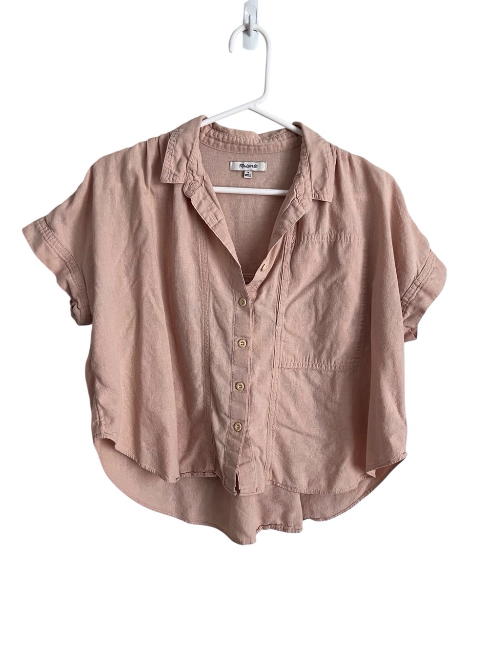Madewell Hilltop Shirt Blush Pink Crop Short Sleeve Button Down Coastal Medium